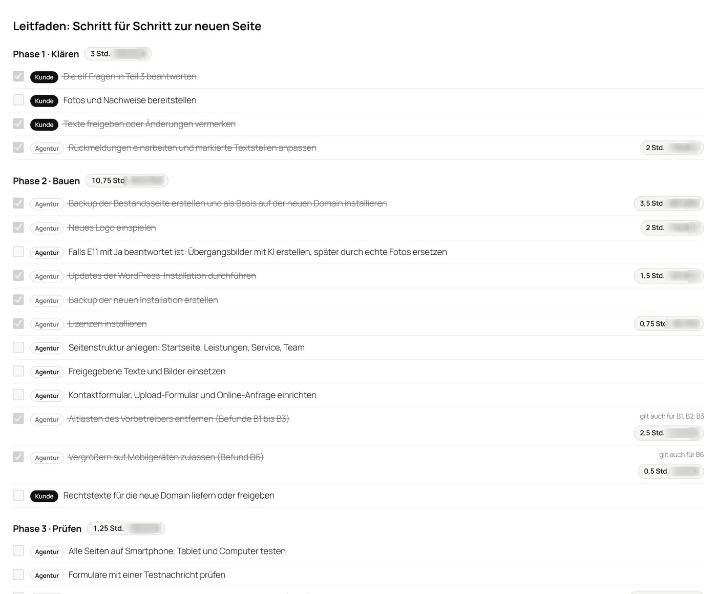 Projektplan in Phasen mit Zuständigkeit, Haken und Stunden je Aufgabe