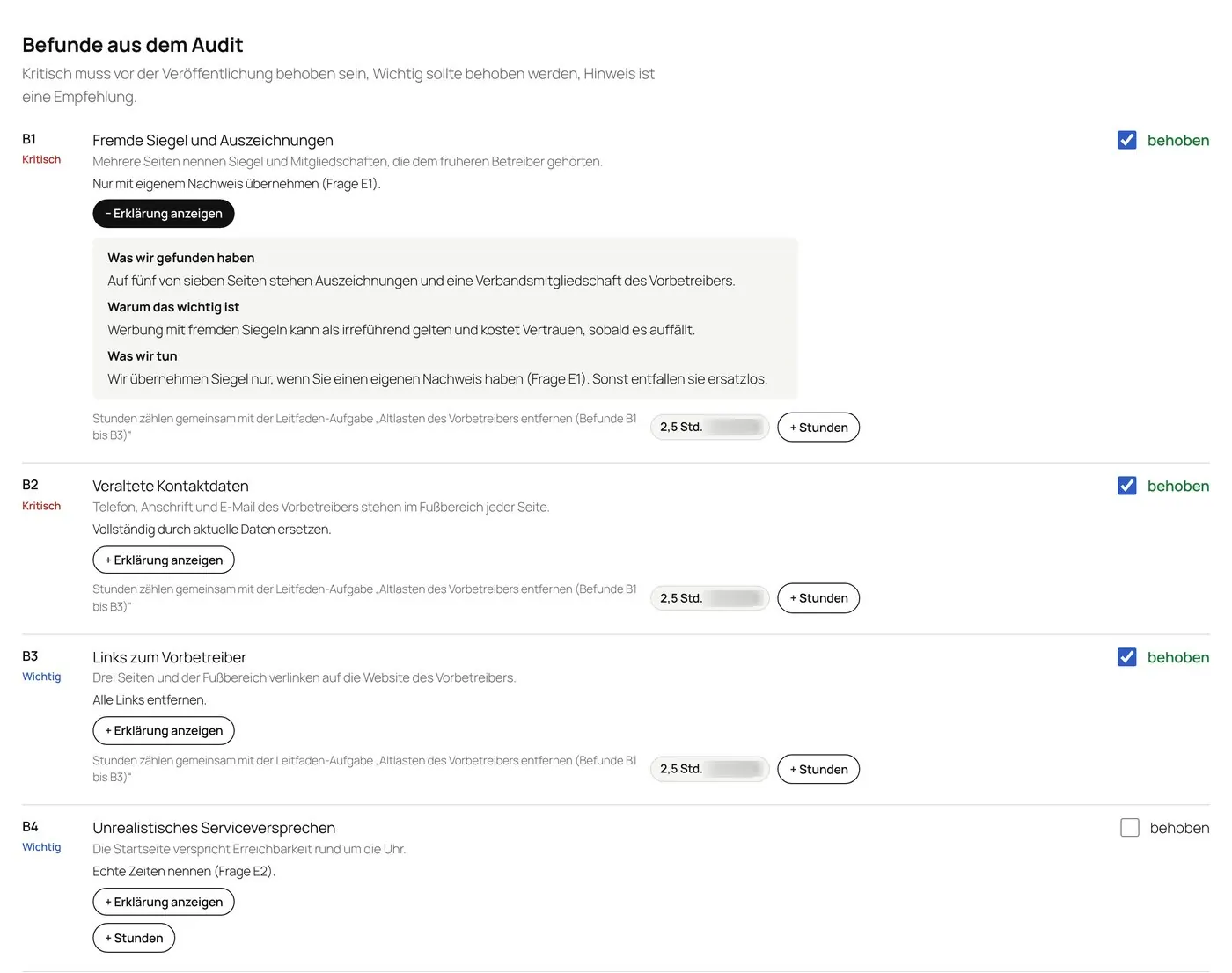 Befunde aus dem Audit mit Einstufung und aufgeklappter Erklärung