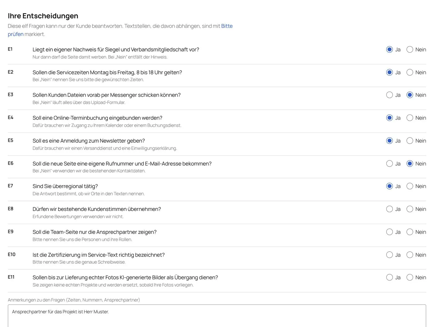 Kundenfragen mit Auswahl Ja oder Nein und einem Feld für Anmerkungen
