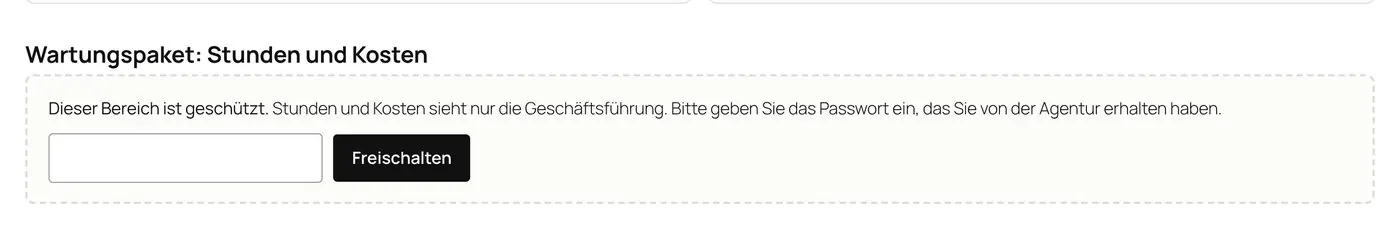 Gesperrte Stundenübersicht mit Passwortfeld